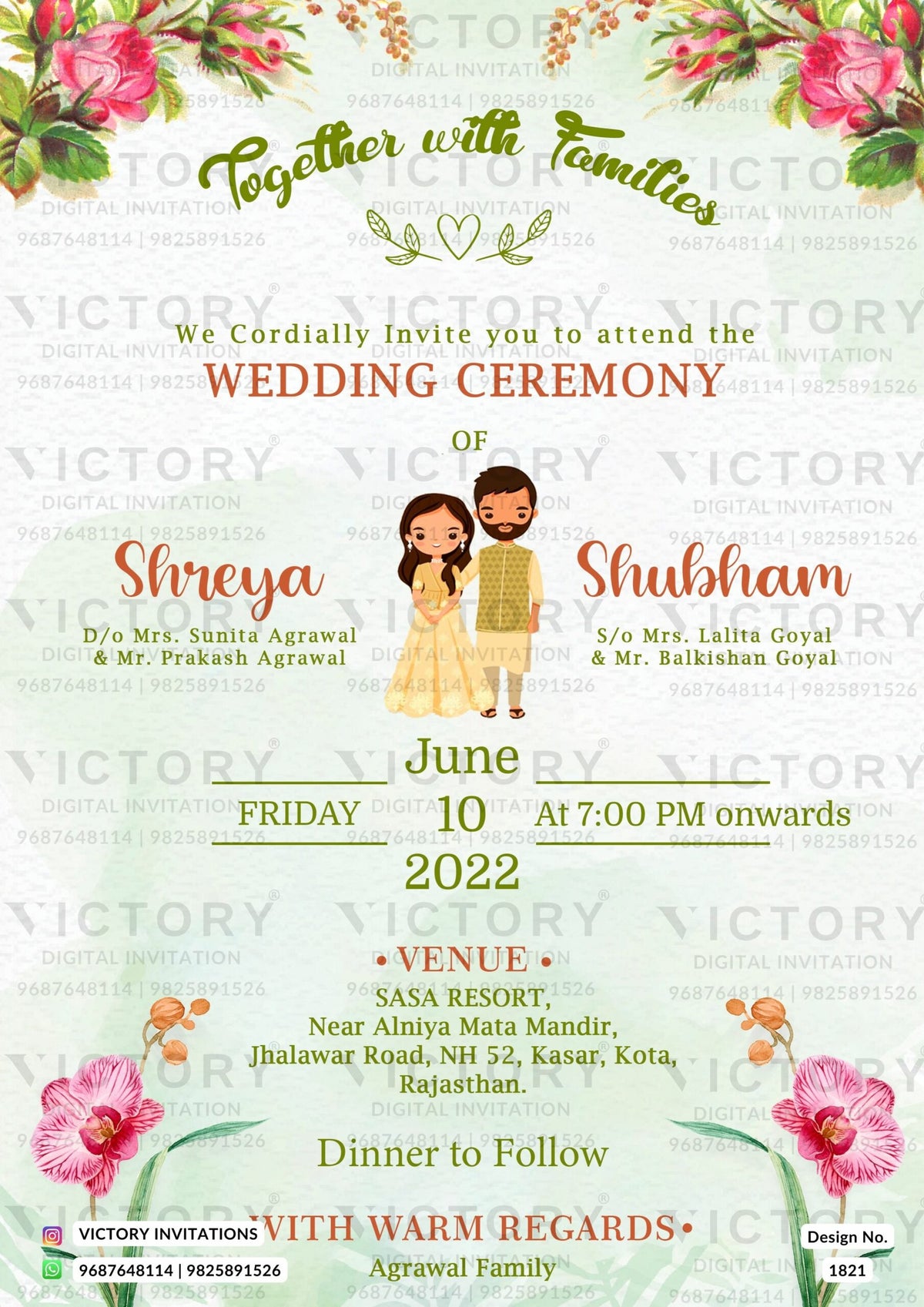 Wedding ceremony invitation card of hindu rajasthani marwari family in english language with asthetic floral theme design 1821