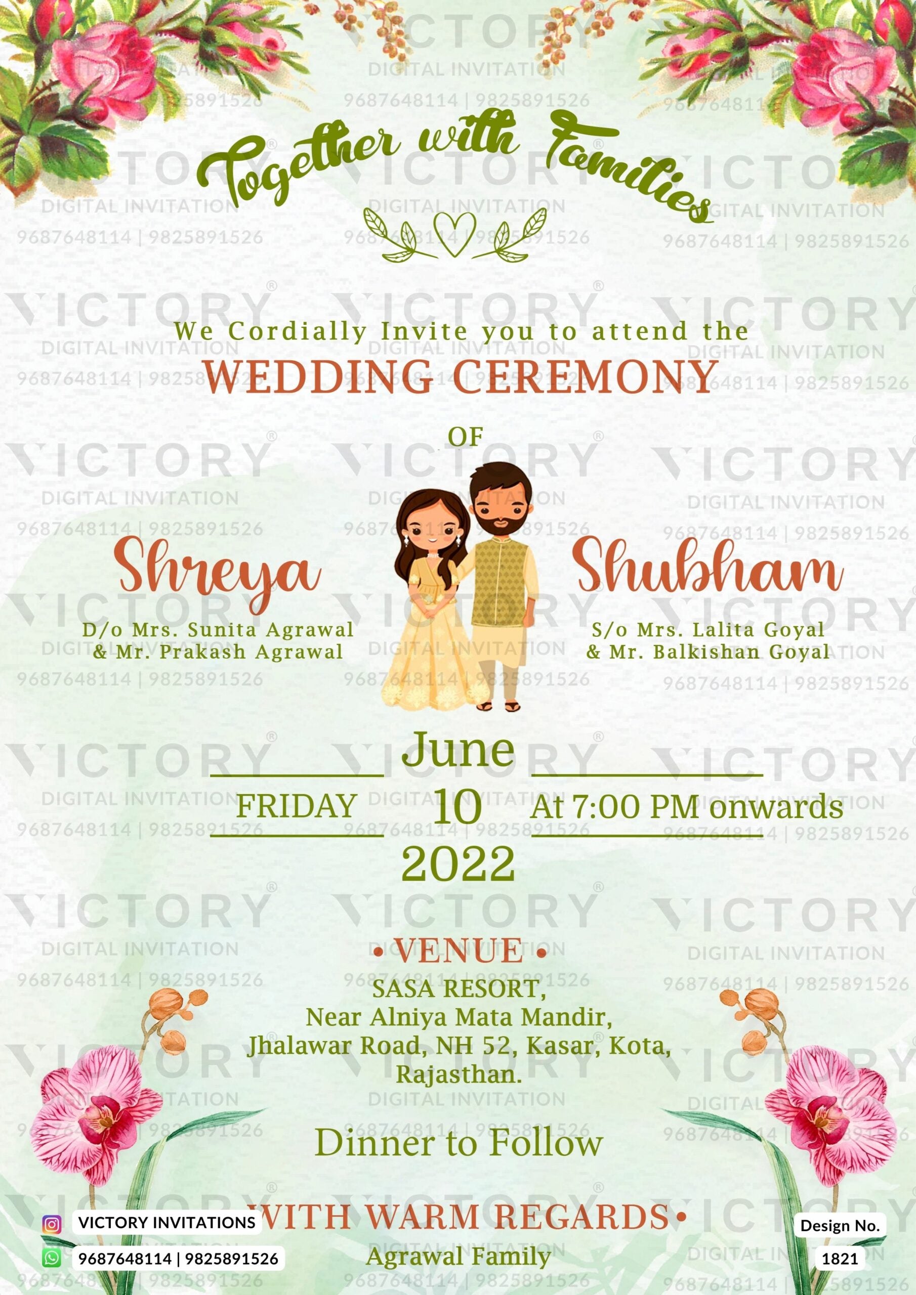 Wedding ceremony invitation card of hindu rajasthani marwari family in english language with asthetic floral theme design 1821