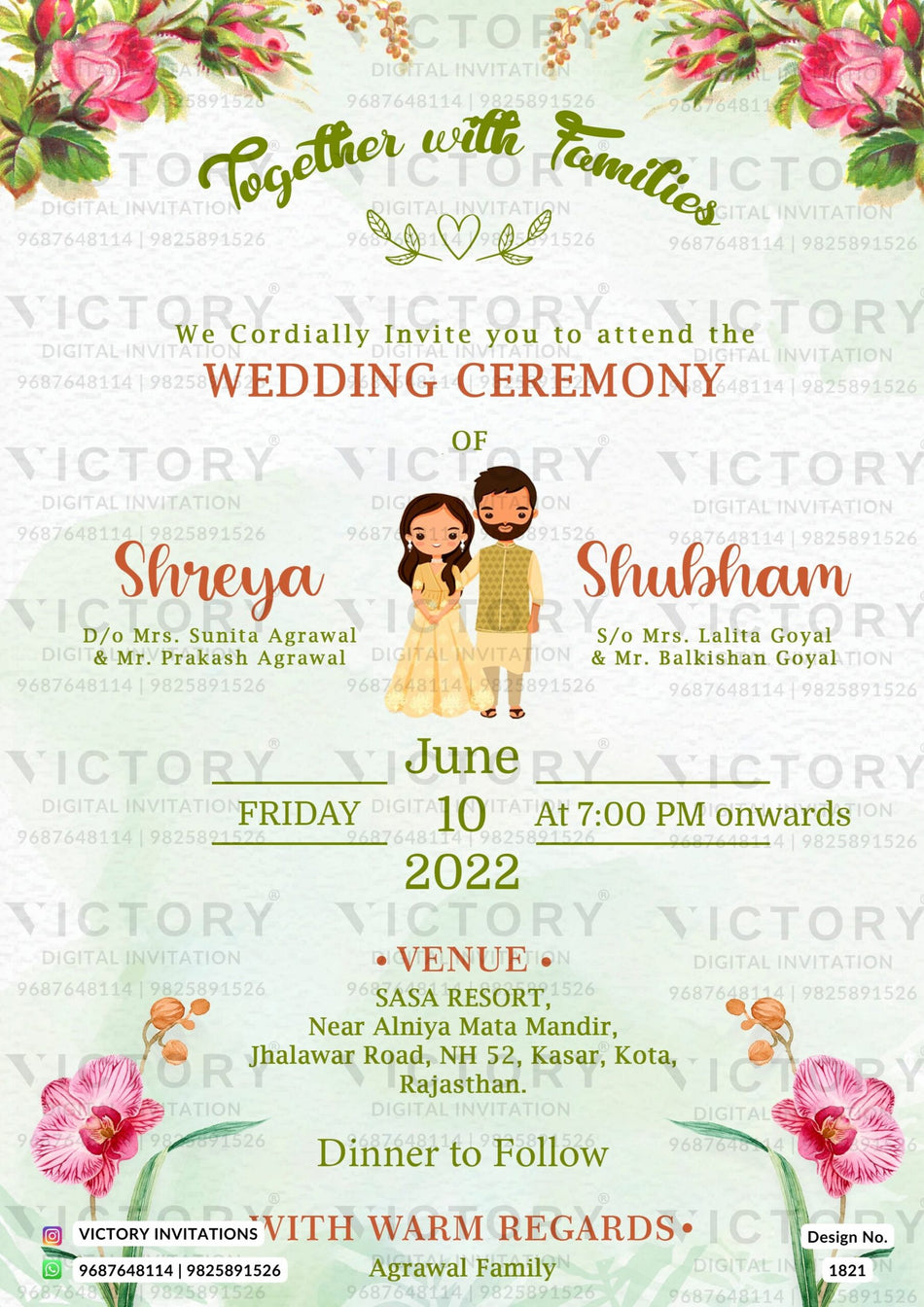Wedding ceremony invitation card of hindu rajasthani marwari family in english language with asthetic floral theme design 1821