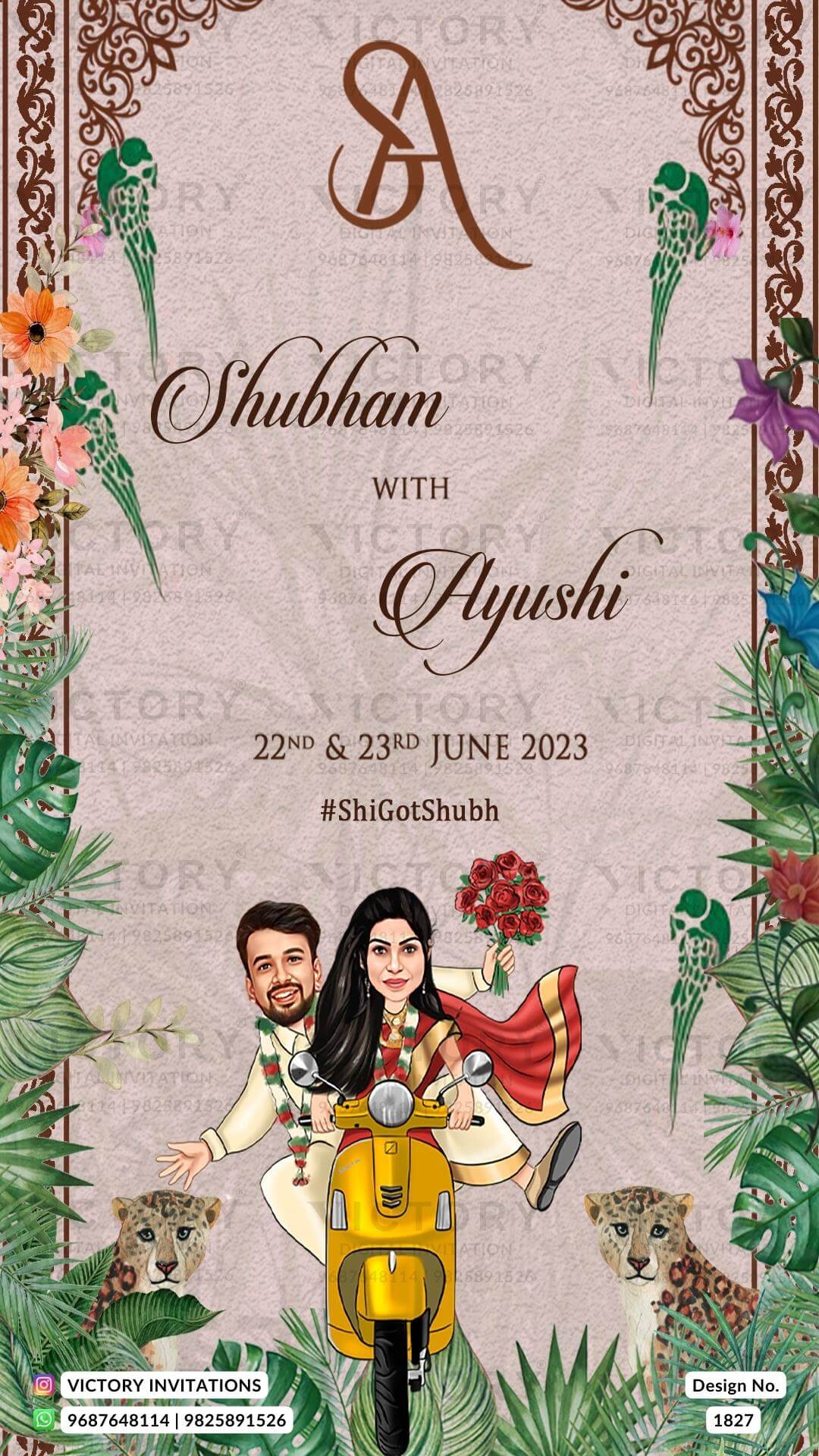 Bollywood couple caricature welcome standee of wedding ceremony in English language with leaves, tiger as gate theme design 1827