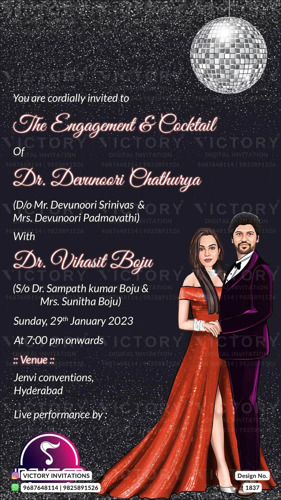Bollywood couple caricature invitation card for Engagement ceremony in Englsih language with Dancing ball as glittery theme design 1837