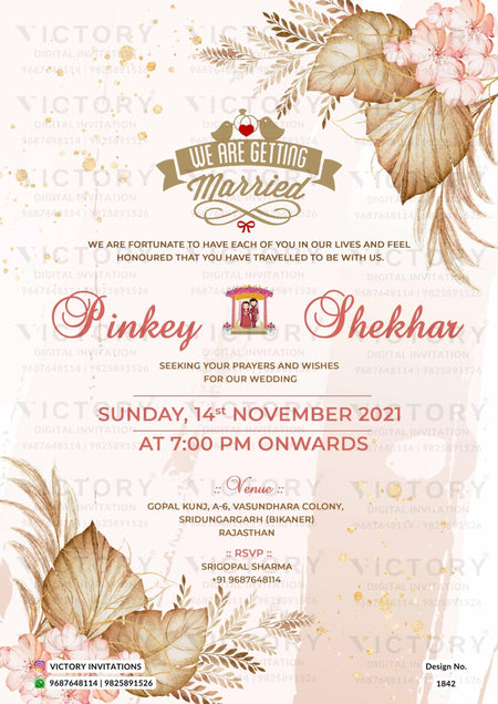 Wedding ceremony invitation card of hindu rajasthani royal family in english language with artistic flower theme design 1842