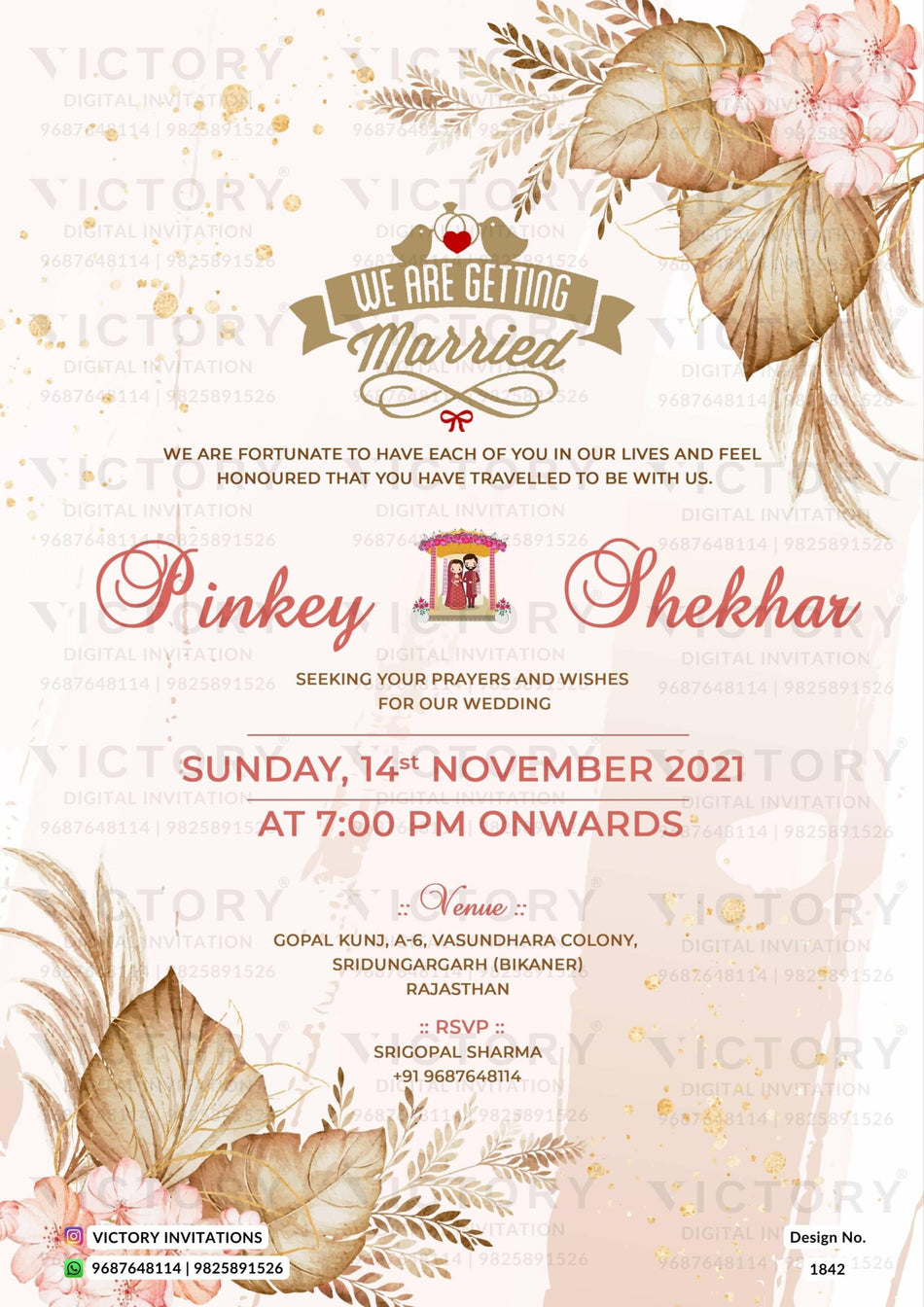 Wedding ceremony invitation card of hindu rajasthani royal family in english language with artistic flower theme design 1842