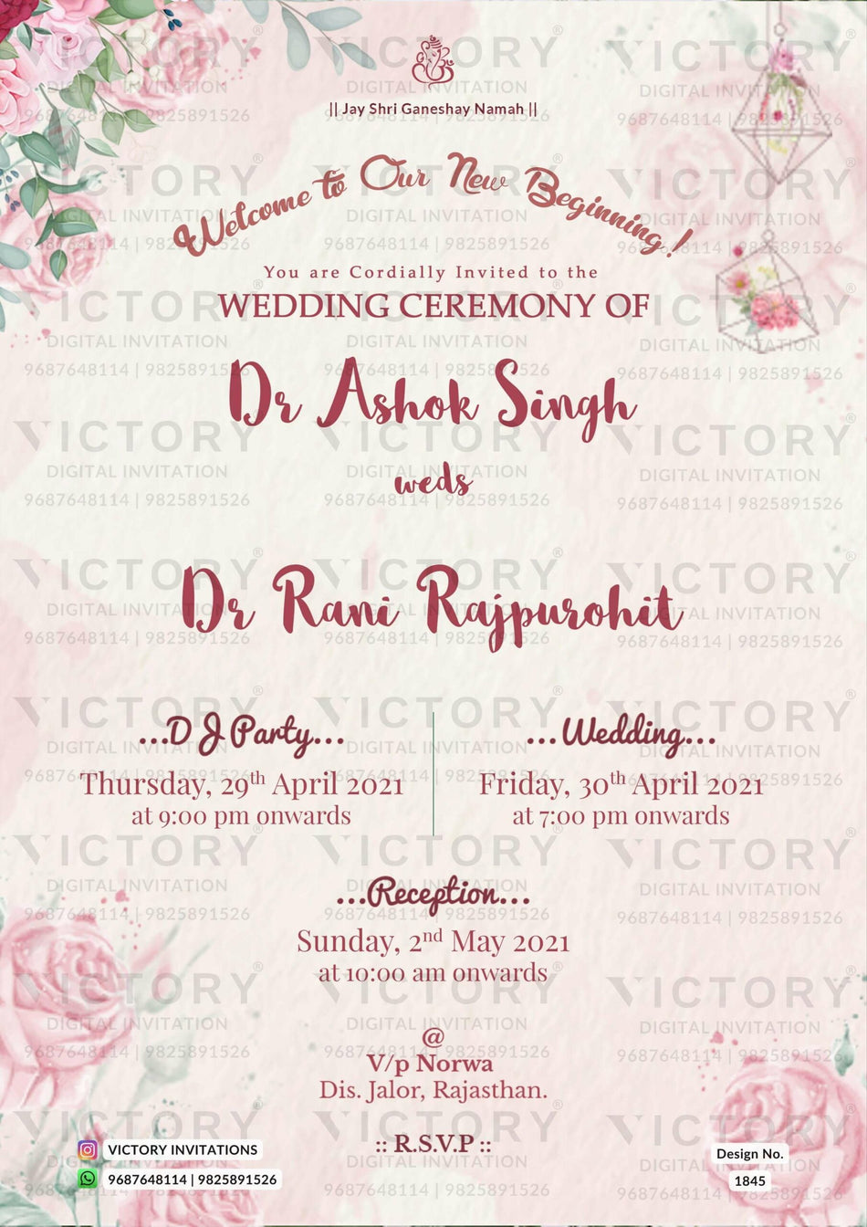 Wedding ceremony invitation card of hindu rajasthani royal family in english language with artistic flowers theme design 1845