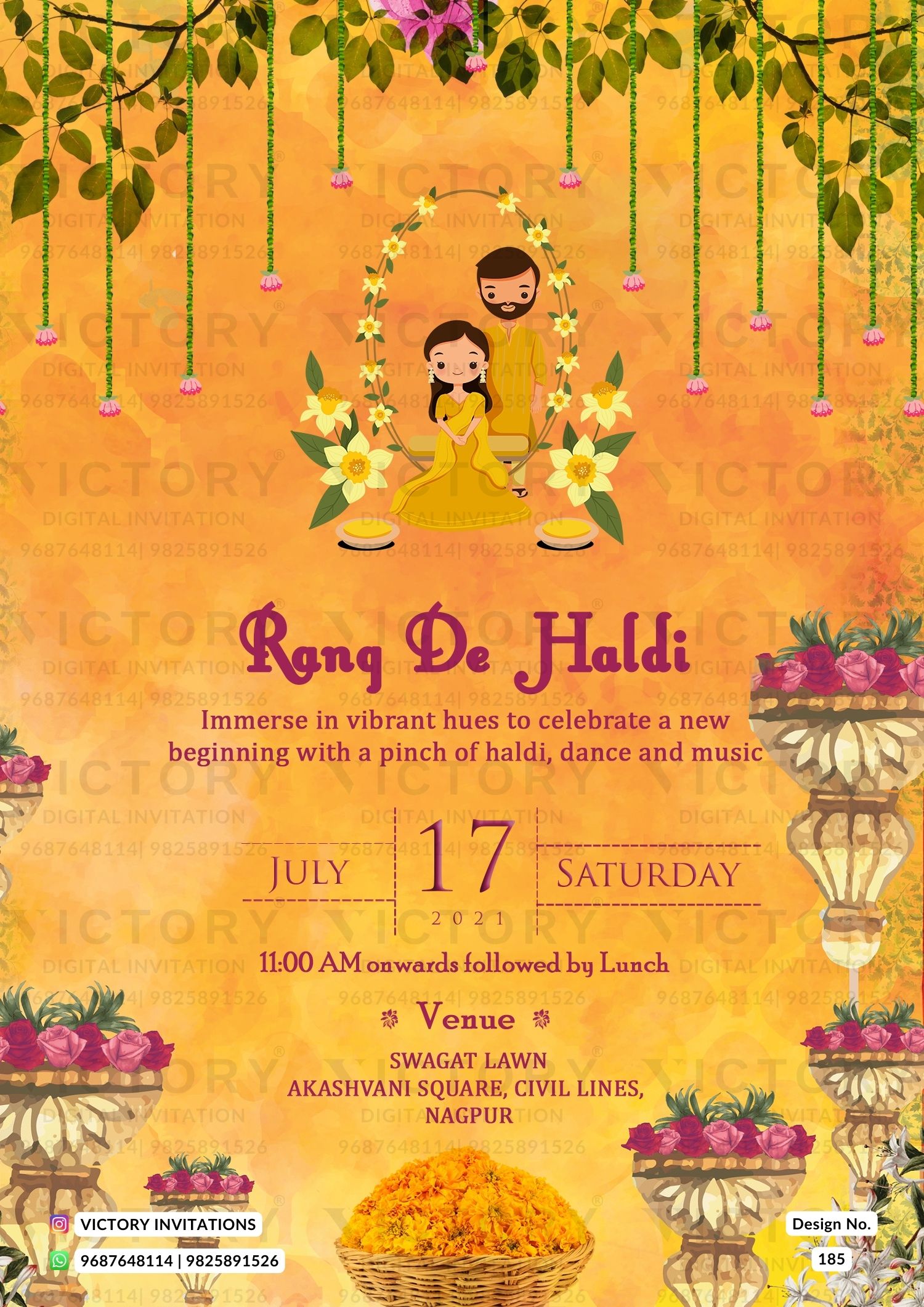 Haldi ceremony invitation card in english language with flowers, couple doodle as floral theme design 185.2