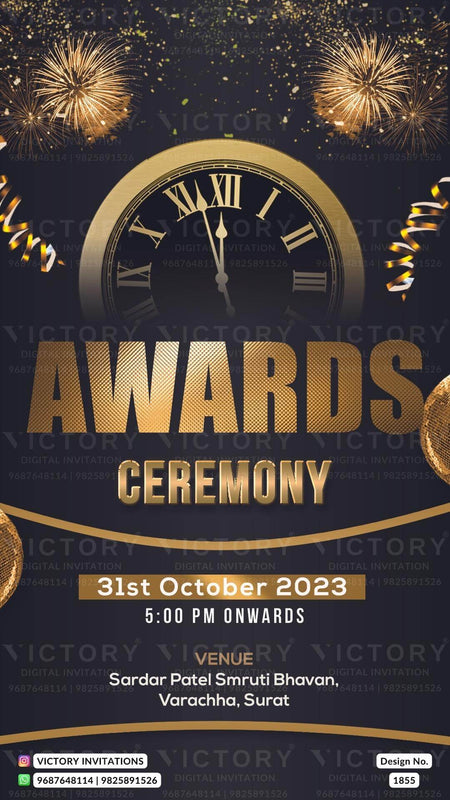 Award ceremony invitation card in english language with clock, crackers as glittery theme design 1855