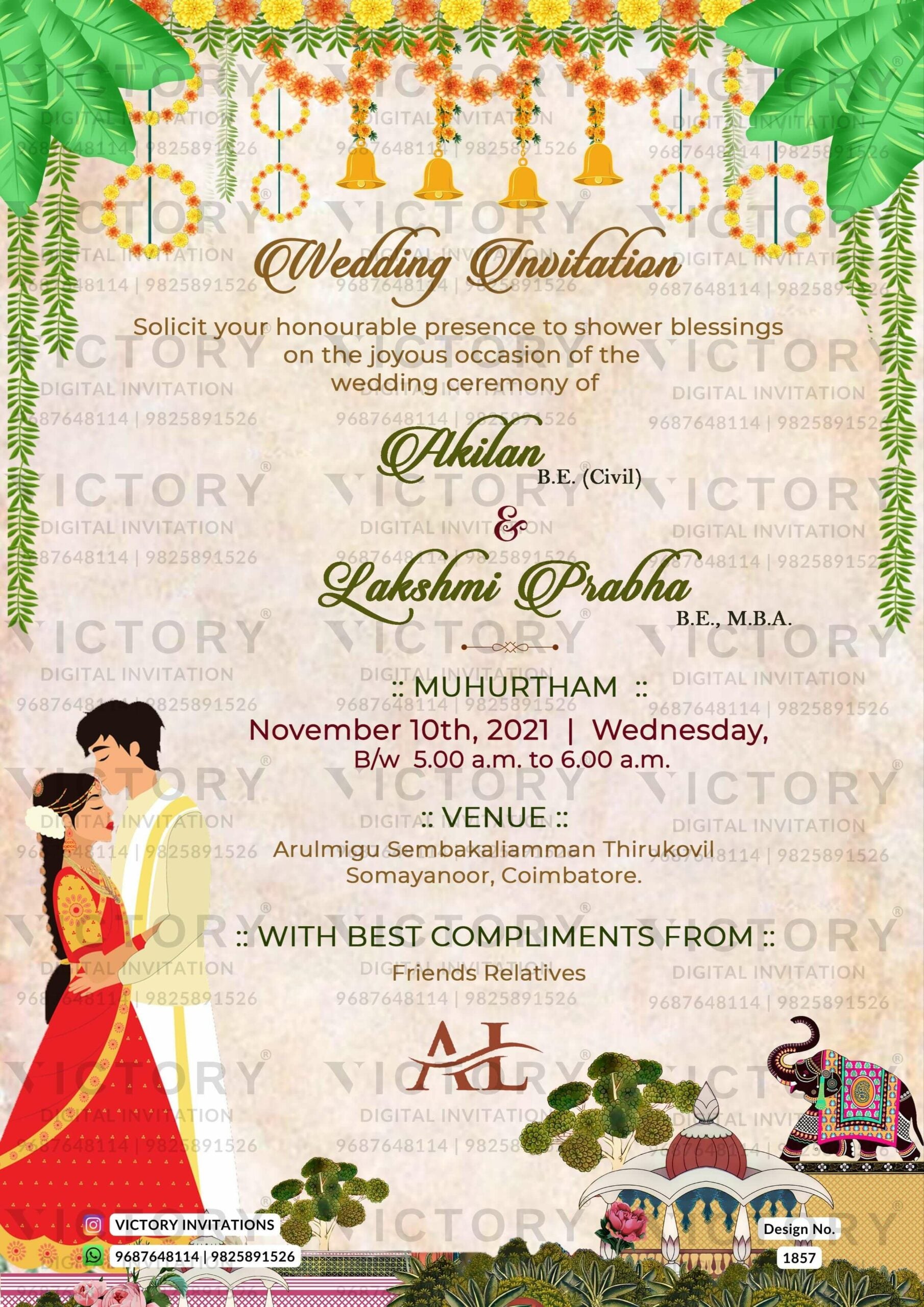 Wedding ceremony invitation card of hindu south indian tamil family in english language with traditional theme design 1857