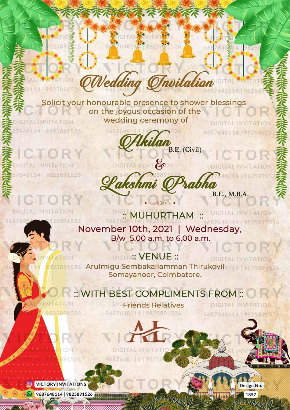 Wedding ceremony invitation card of hindu south indian tamil family in english language with traditional theme design 1857