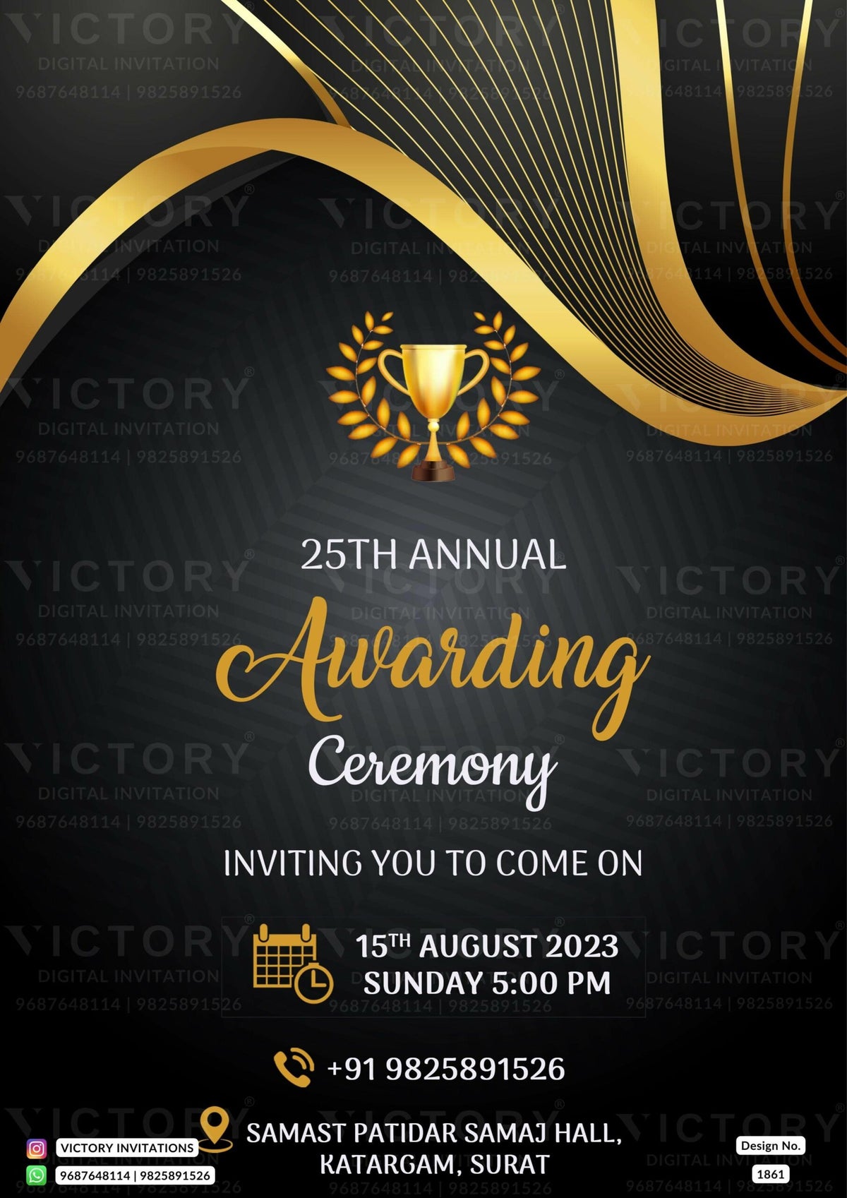 Award ceremony invitation card in english language with award, golden lines as elegant theme design 1861