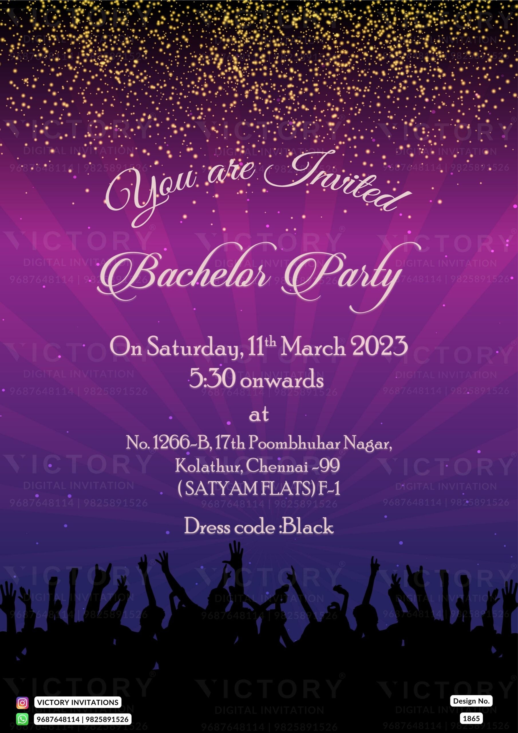 Bachelor Party invitation card in english language with people as glittery theme design 1865