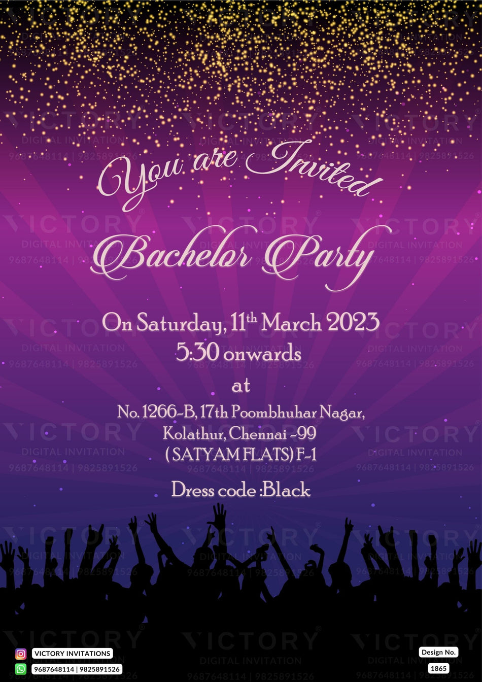 Bachelor Party invitation card in english language with people as glittery theme design 1865