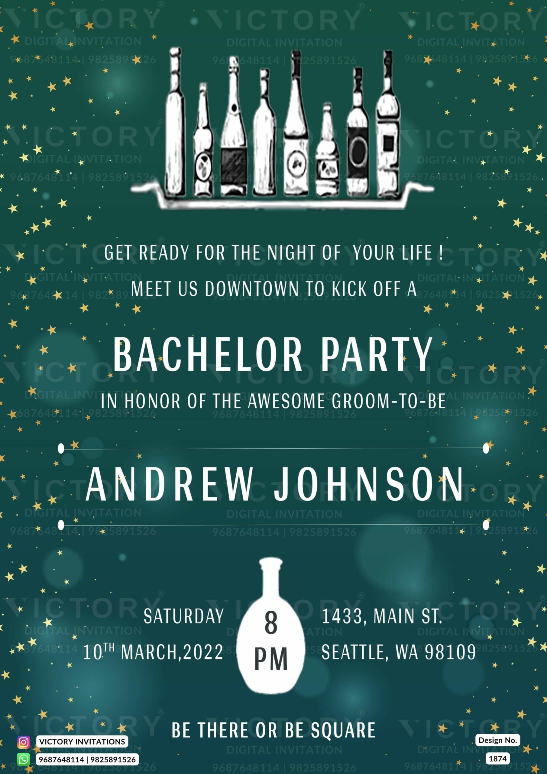 Bachelor Party invitation card in english language with bottle as glittery theme design 1874