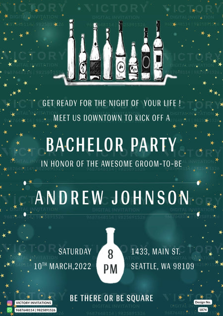 Bachelor Party invitation card in english language with bottle as glittery theme design 1874