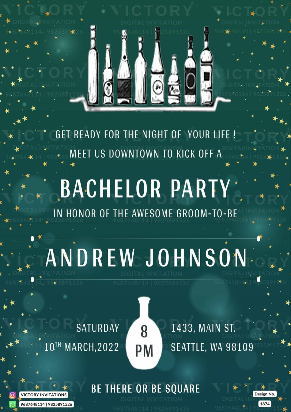 Bachelor Party invitation card in english language with bottle as glittery theme design 1874