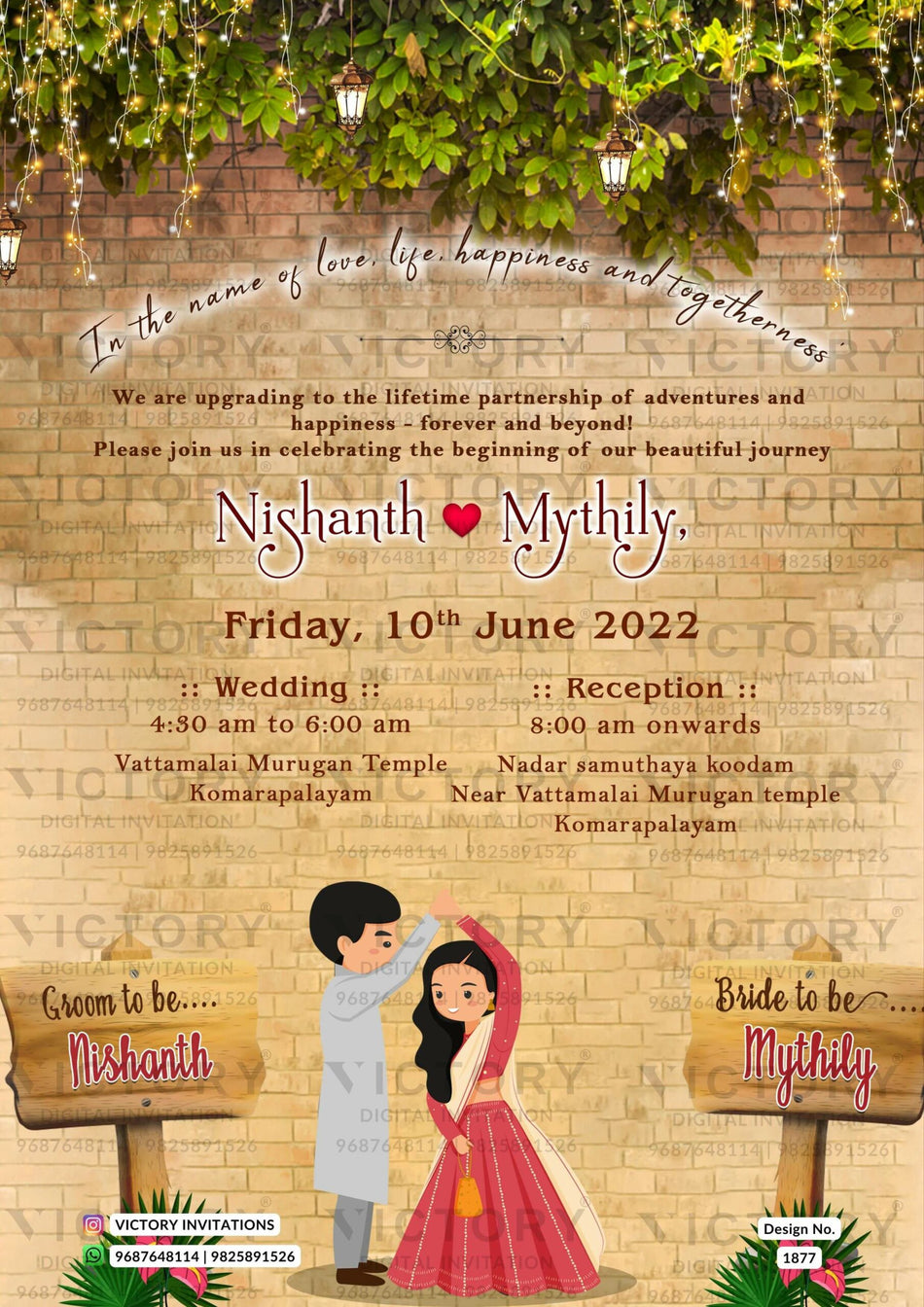 Wedding ceremony invitation card of hindu south indian tamil family in english language with vintage theme design 1877