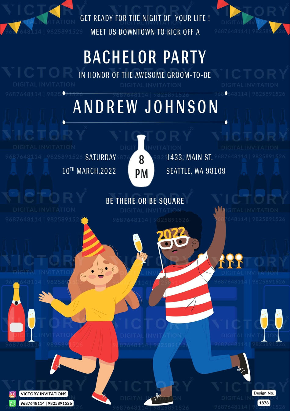 Bachelor Party invitation card in english language with birthday flag, doodle as night view theme design 1878