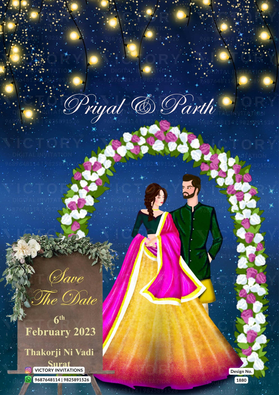 Save the Date card in english language with night theme design 1880