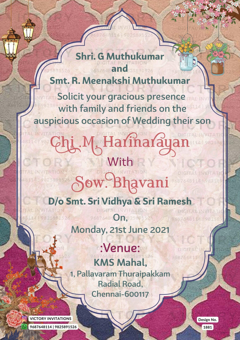 Wedding ceremony invitation card of hindu south indian tamil family in english language with artistic theme design 1881