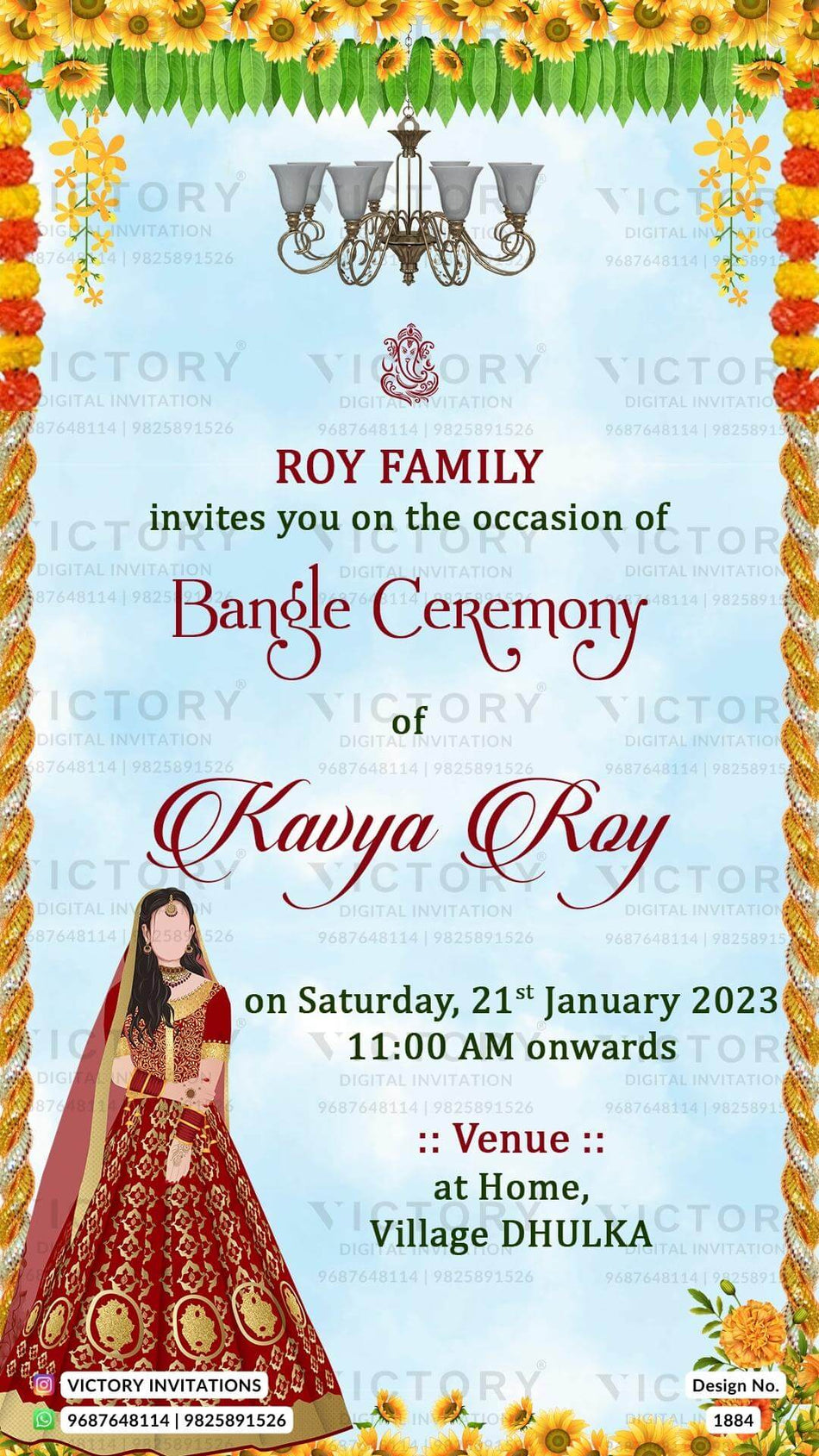 Choora ceremony invitation card in english language with girl doodle as traditional theme design 1884