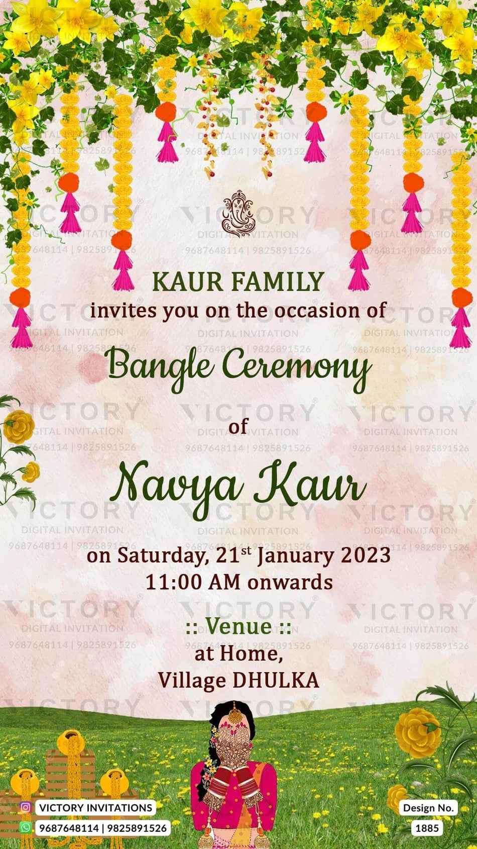 Choora ceremony invitation card in english language with girl doodle as traditional theme design 1885