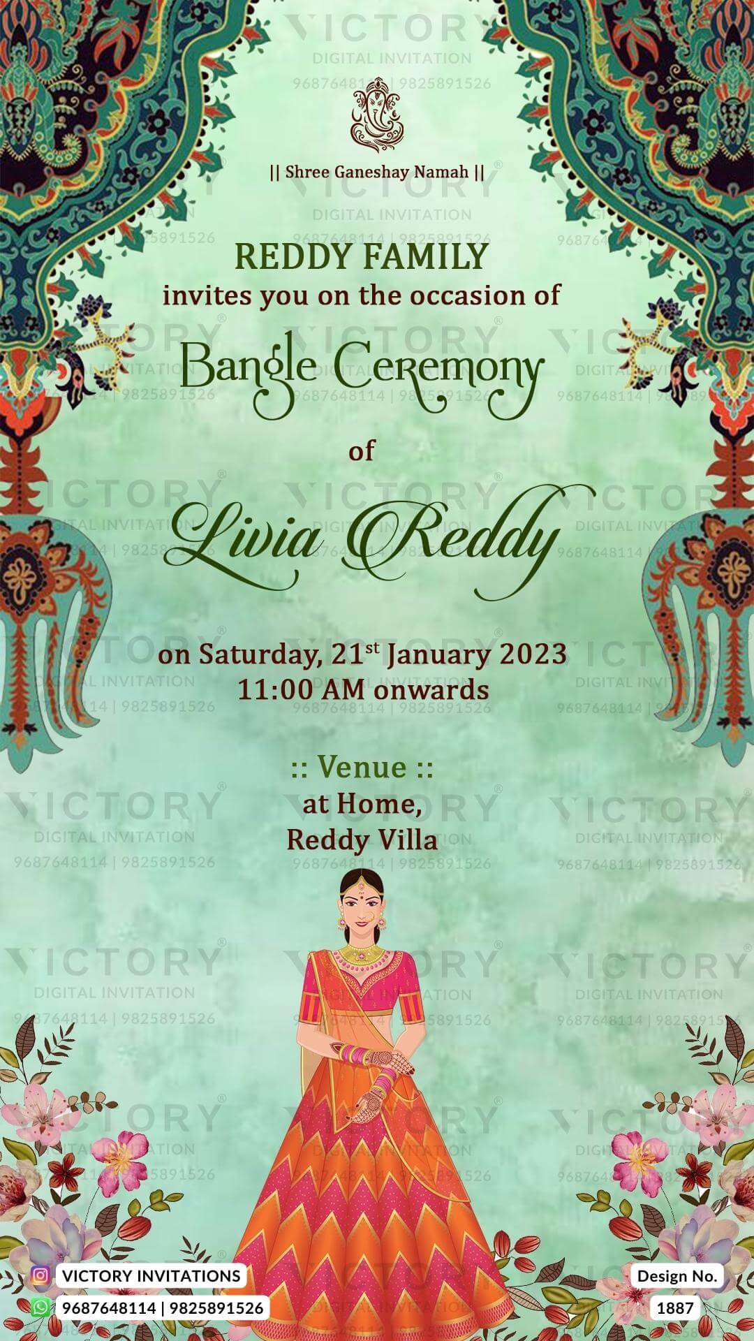 Choora ceremony invitation card in english language with traditional theme design 1887