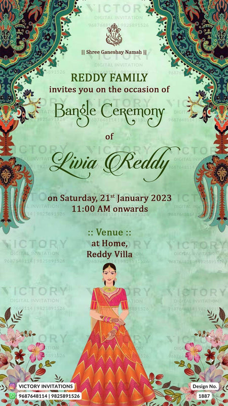 Choora ceremony invitation card in english language with traditional theme design 1887