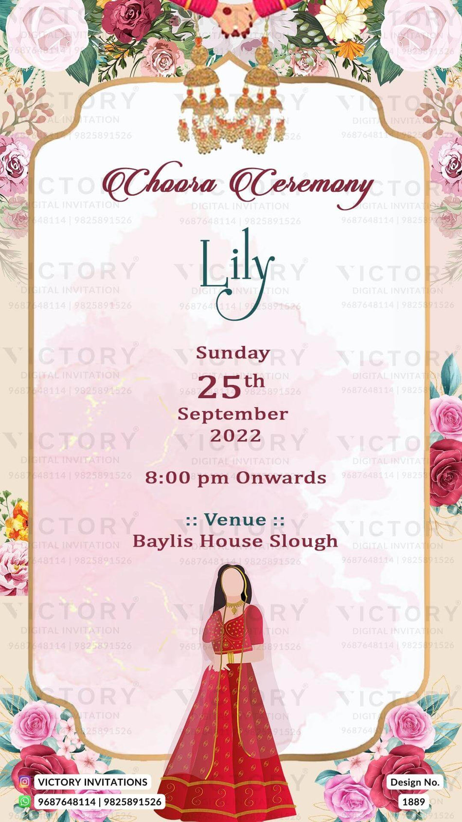 Choora ceremony invitation card in english language with flowers as floral theme design 1889