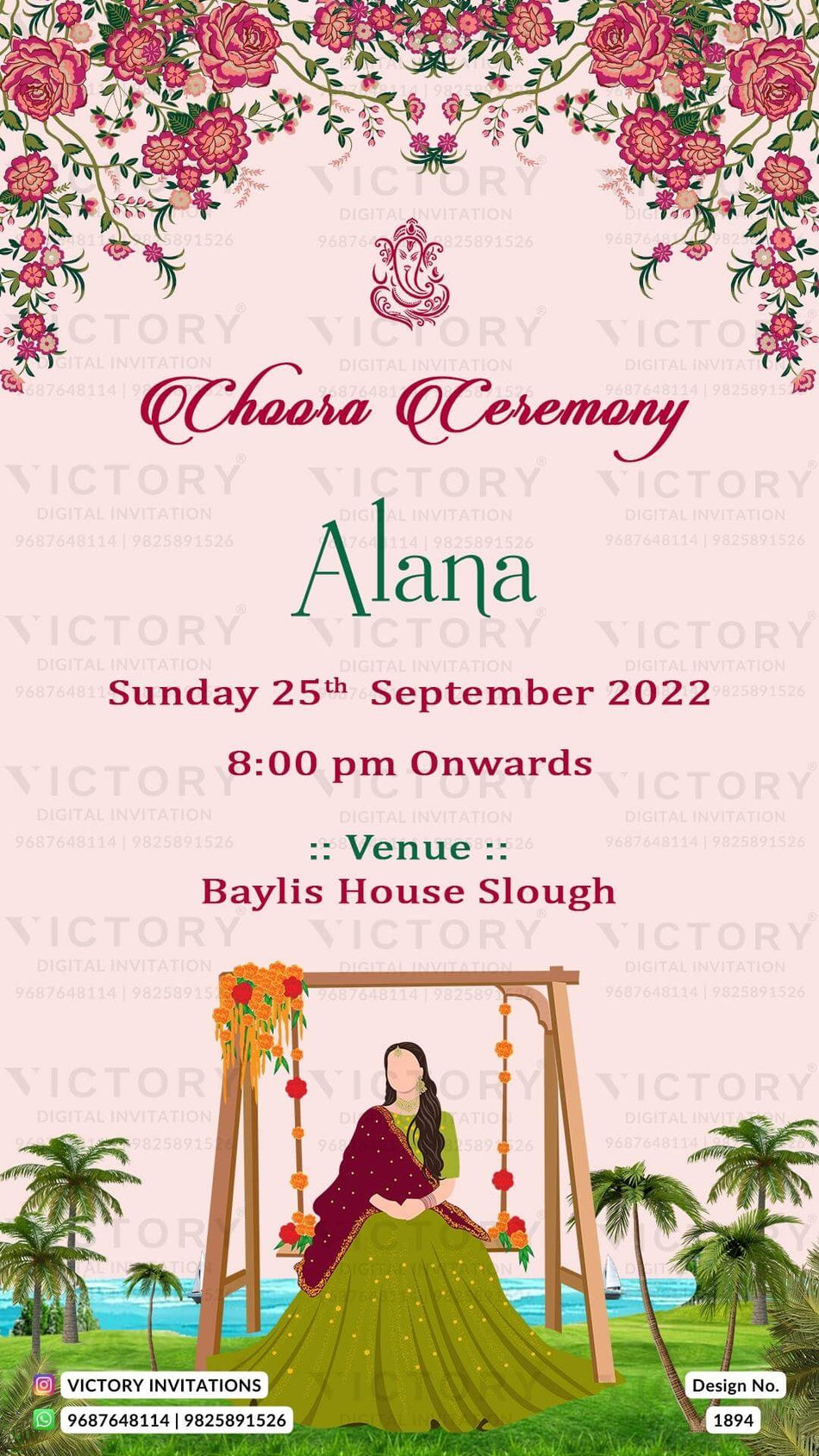 Choora ceremony invitation card in english language with girl doodle as beach theme design 1894