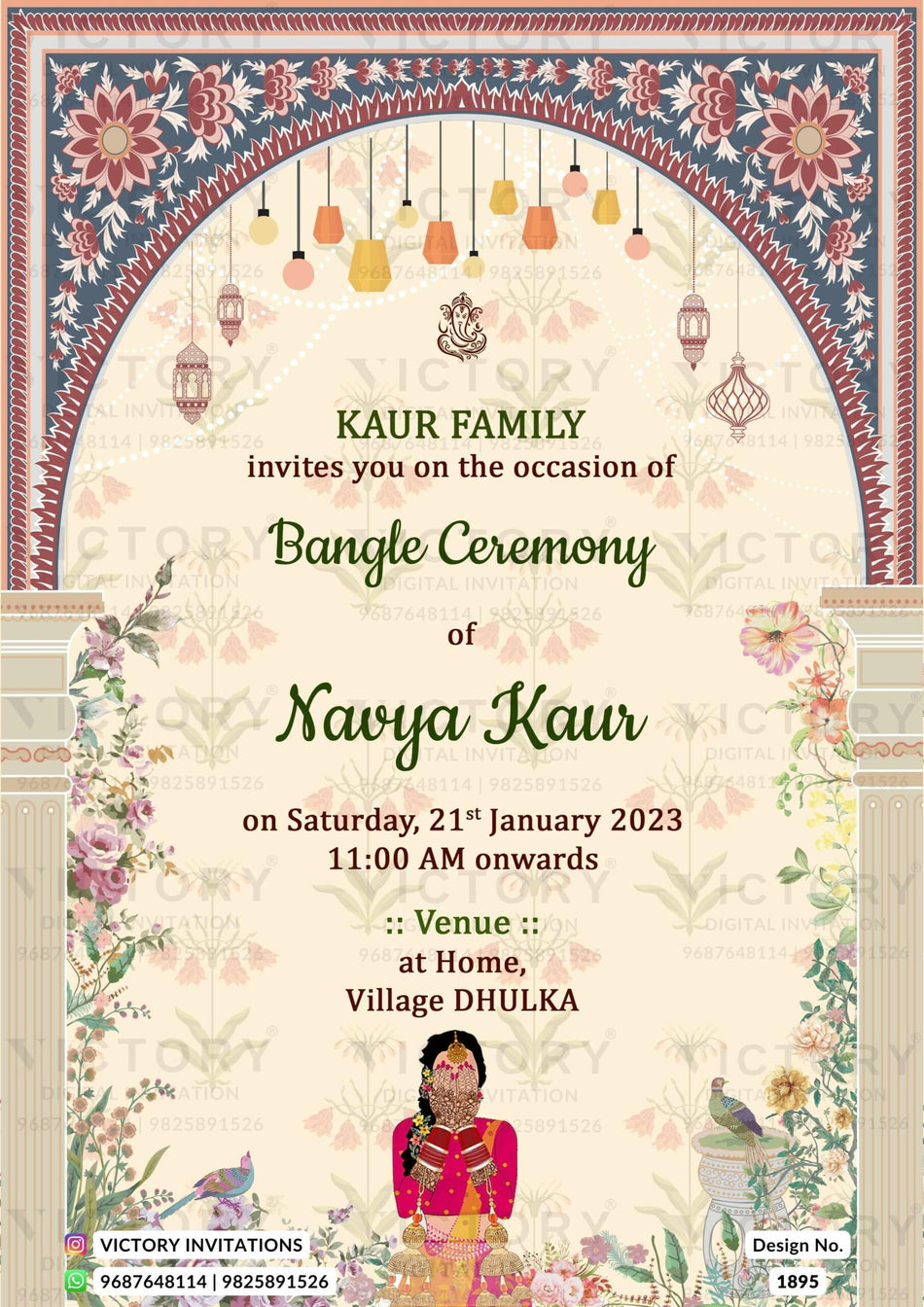 Choora ceremony invitation card in english language with traditional theme design 1895