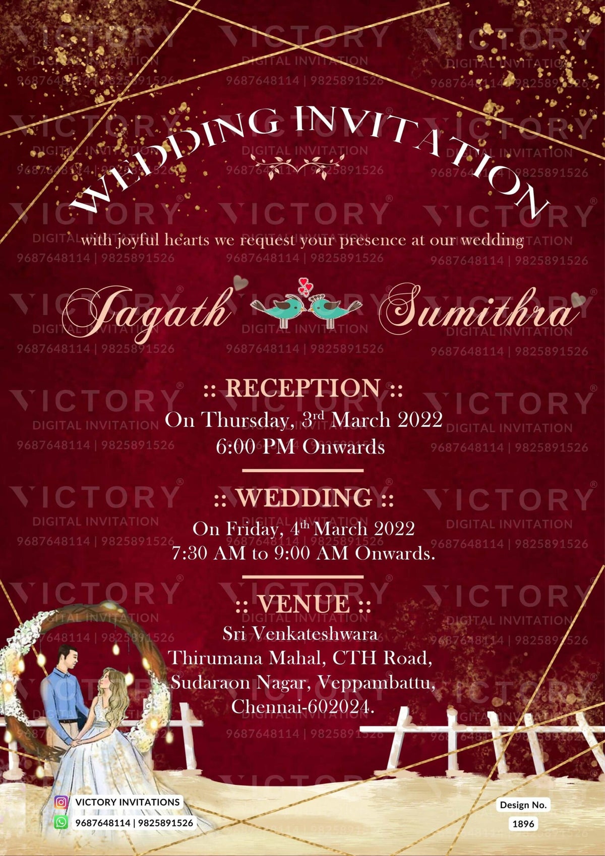 Wedding ceremony invitation card of hindu south indian tamil family in english language with glittery theme design 1896