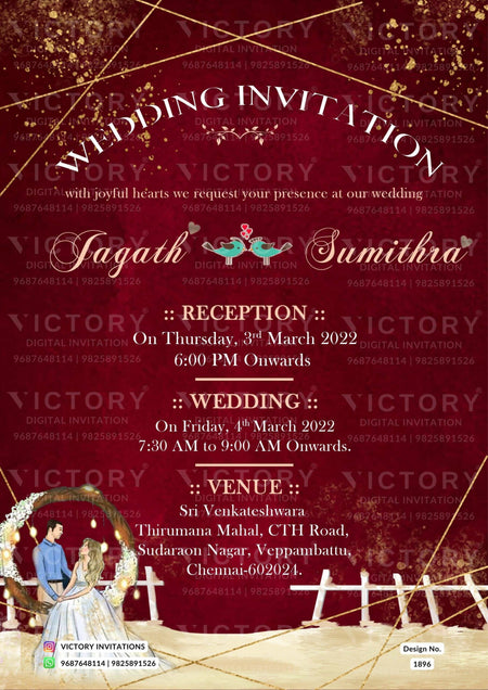 Wedding ceremony invitation card of hindu south indian tamil family in english language with glittery theme design 1896
