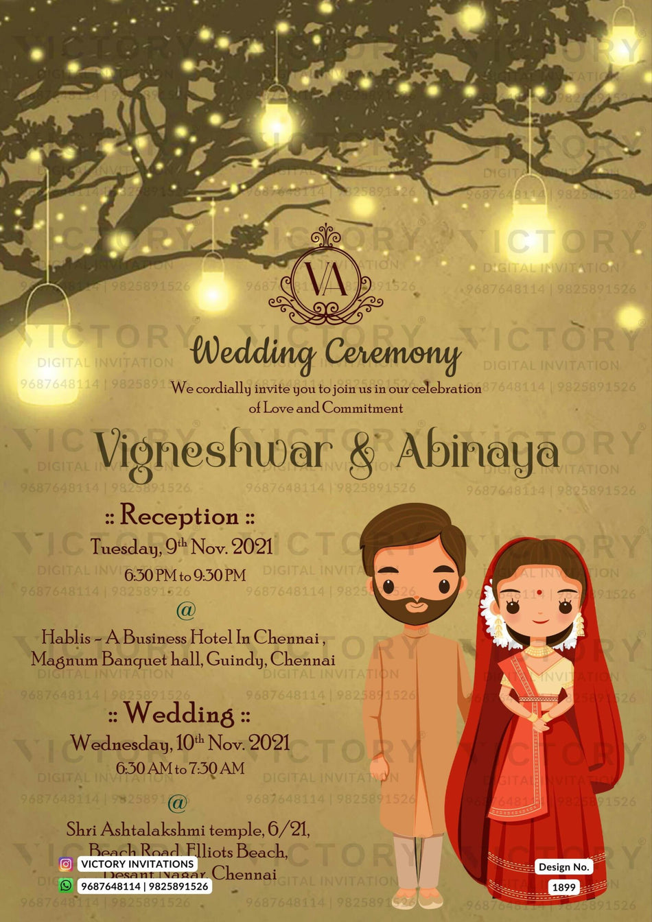 Wedding ceremony invitation card of hindu south indian tamil family in english language with Shining theme design 1899
