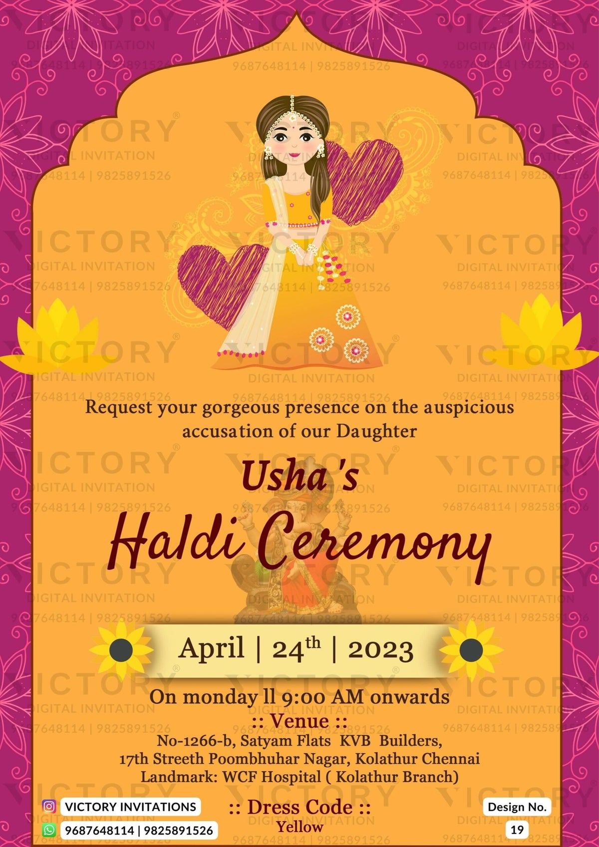 Haldi ceremony invitation card in english language with girl doodle, flowers as arch theme design 19