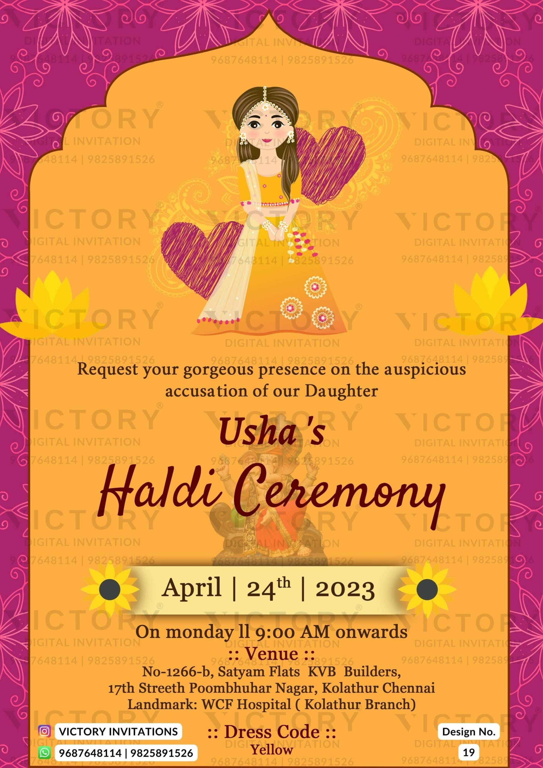 Haldi ceremony invitation card in english language with girl doodle, flowers as arch theme design 19