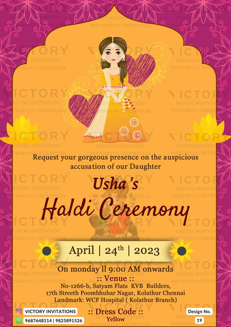 Haldi ceremony invitation card in english language with girl doodle, flowers as arch theme design 19