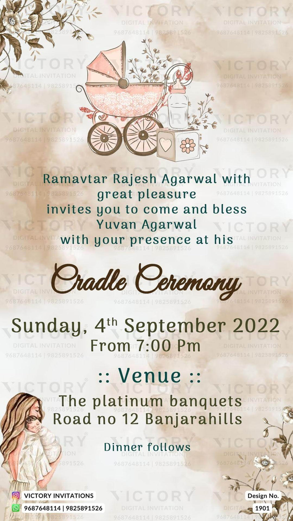 Cradle ceremony invitation card for baby boy in english language with cradle, flowers as floral theme design 1901