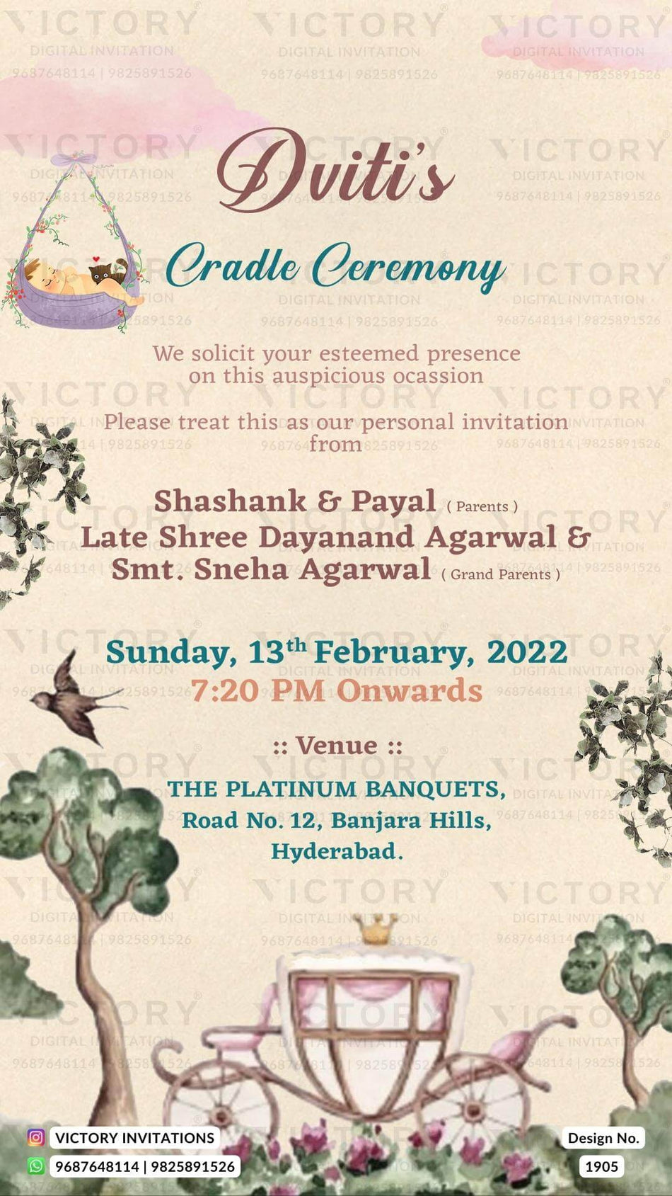 Cradle ceremony invitation card in english language with baby doodle, as minimalistic theme design 1905