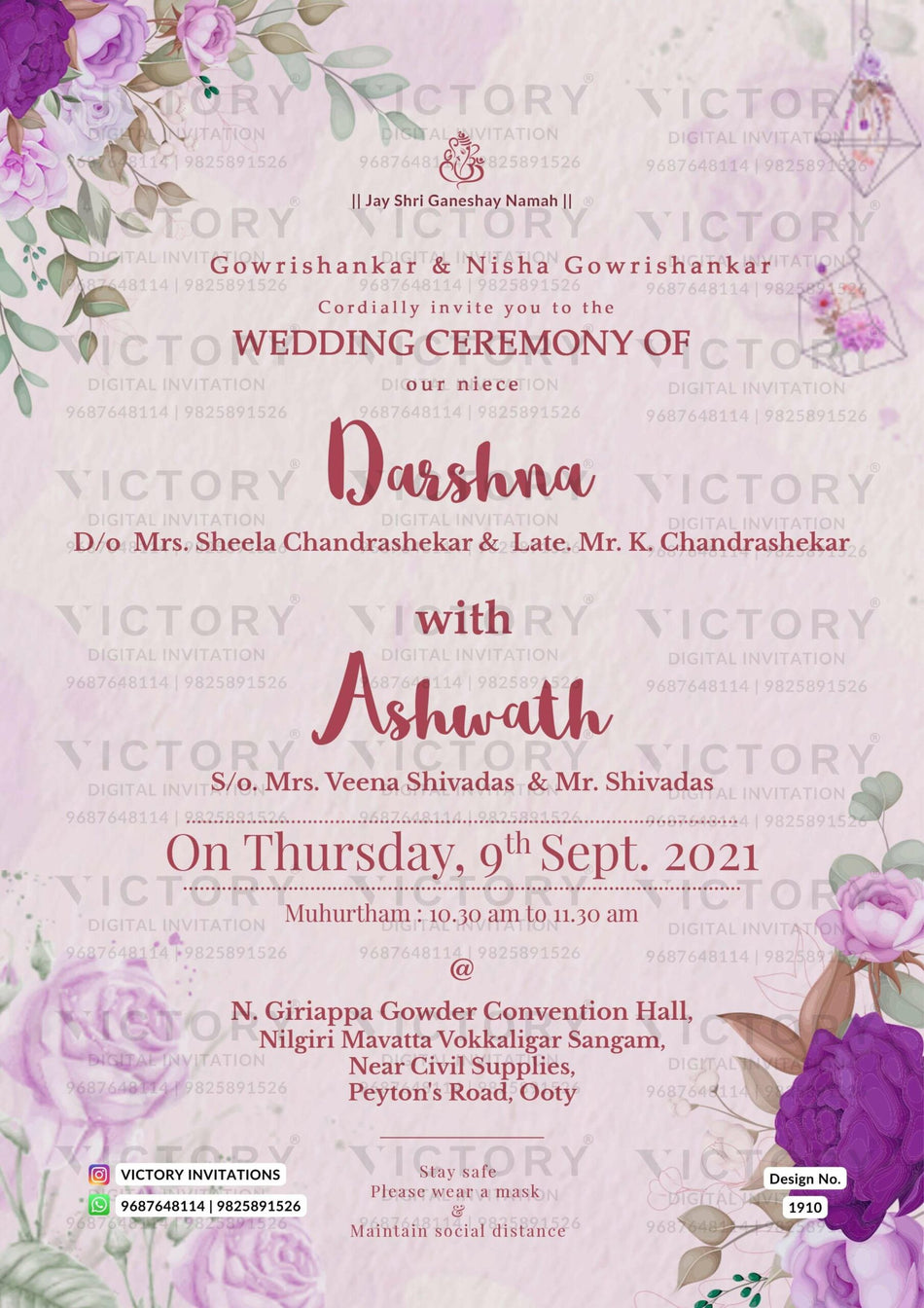 Wedding ceremony invitation card of hindu south indian tamil family in english language with artistic flowers theme design 1910