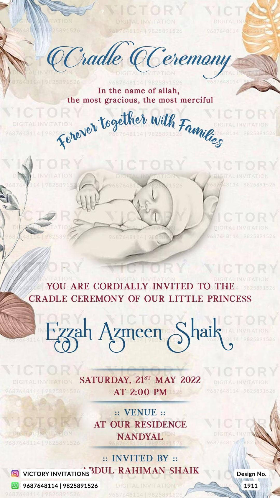 Cradle ceremony invitation card for baby girl in english language with leaves as minimalistic theme design 1911
