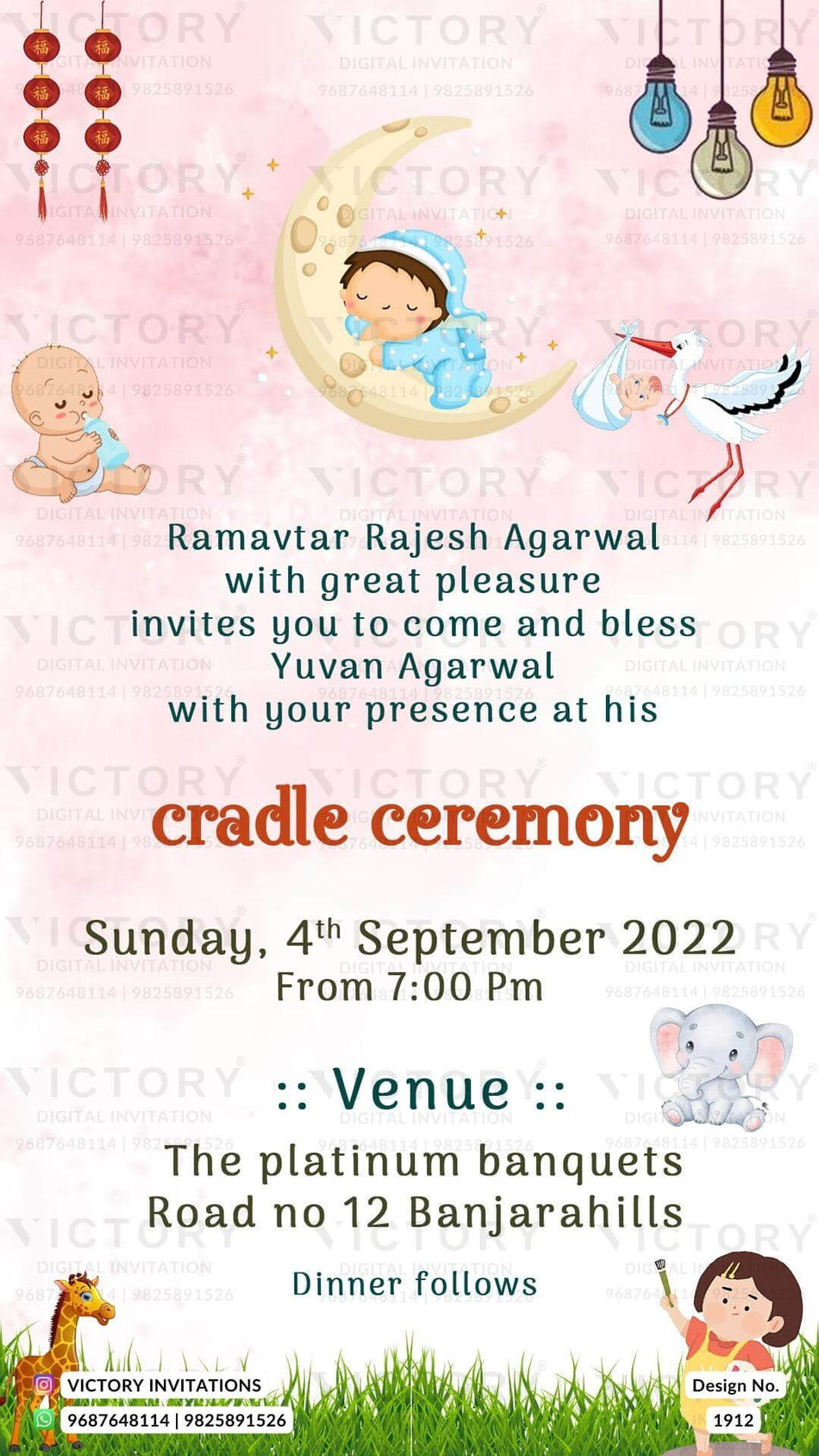 Cradle ceremony invitation card for baby girl in english language with baby doodle, elephant as garden theme design 1912
