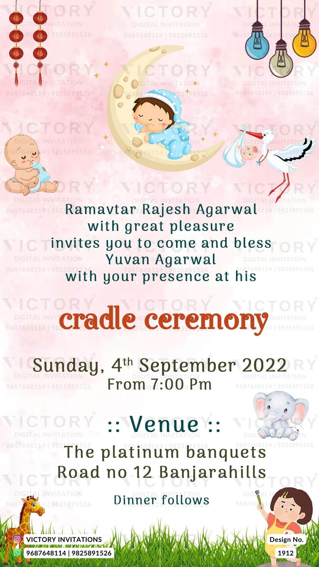 Cradle ceremony invitation card for baby girl in english language with baby doodle, elephant as garden theme design 1912