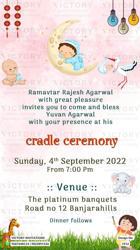 Cradle ceremony invitation card for baby girl in english language with baby doodle, elephant as garden theme design 1912