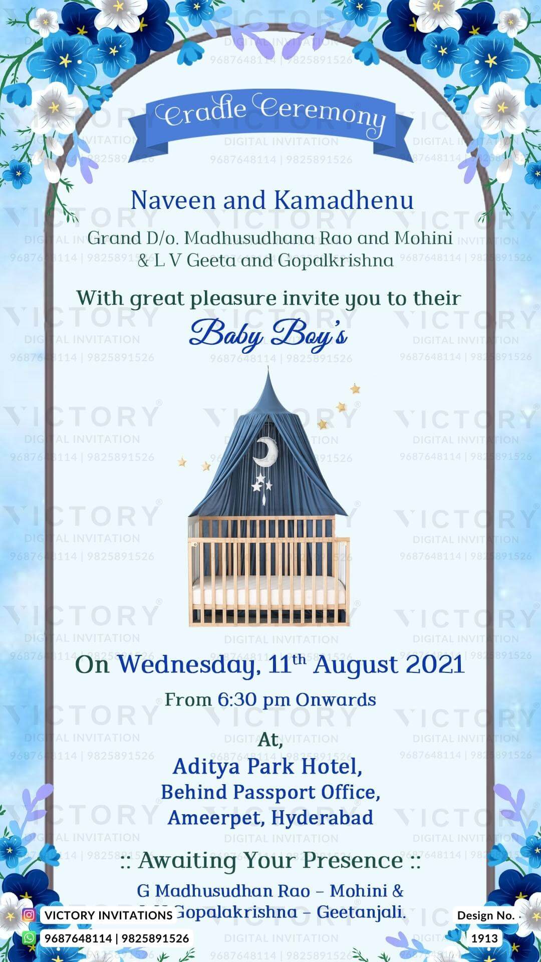 Cradle ceremony invitation card for baby boy in english language with cradle, gate, flowers as floral theme design 1913