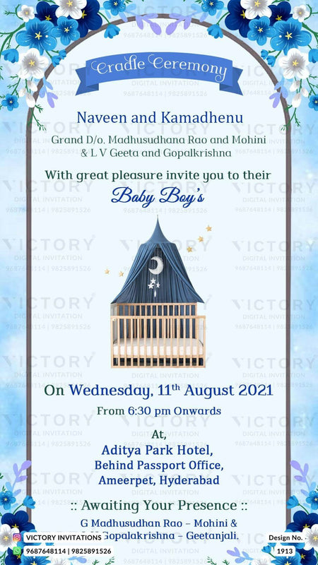 Cradle ceremony invitation card for baby boy in english language with cradle, gate, flowers as floral theme design 1913