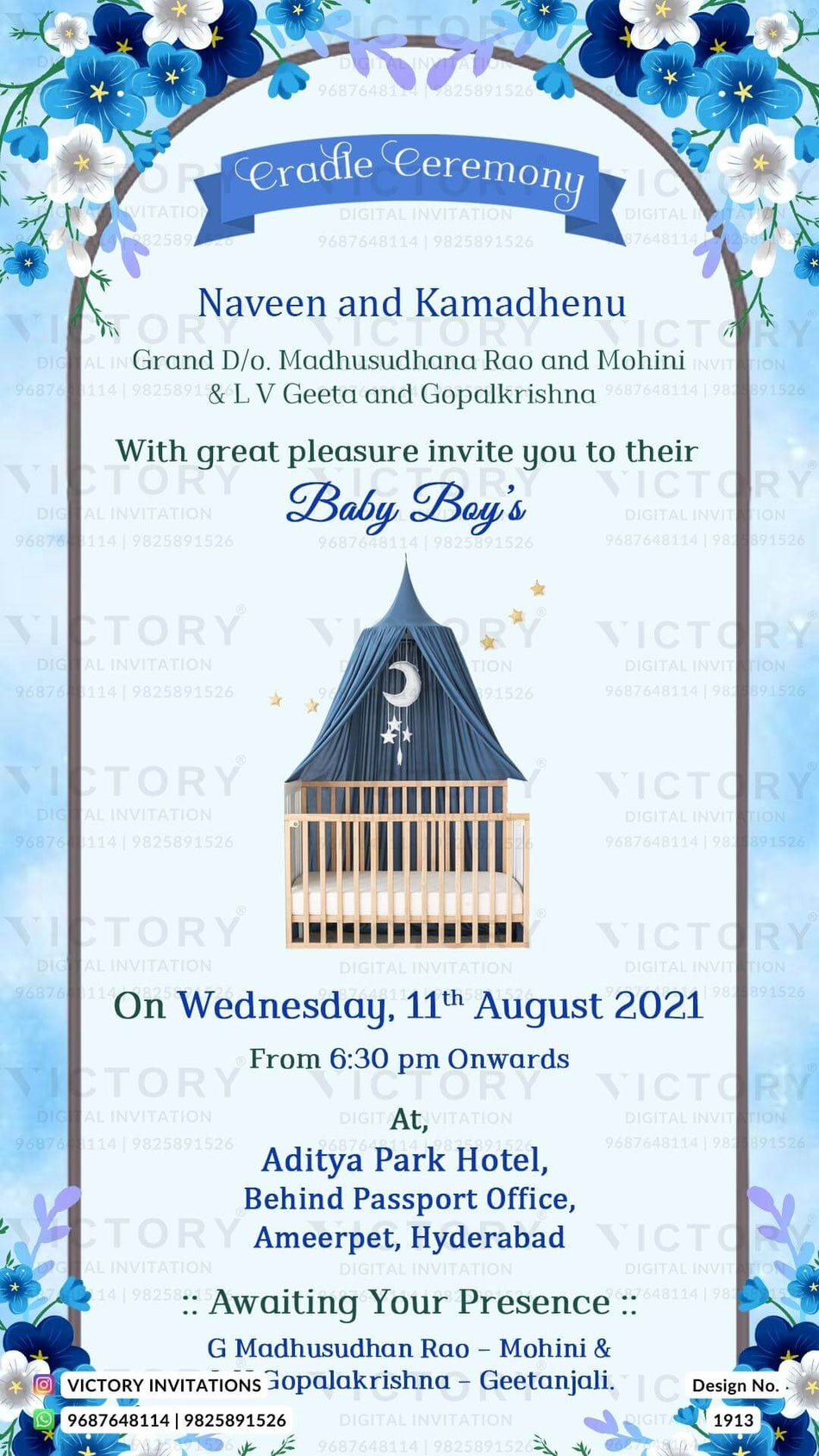 Cradle ceremony invitation card for baby boy in english language with cradle, gate, flowers as floral theme design 1913