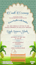 Cradle ceremony invitation card in english language with arch, cradle as traditional theme design 1914
