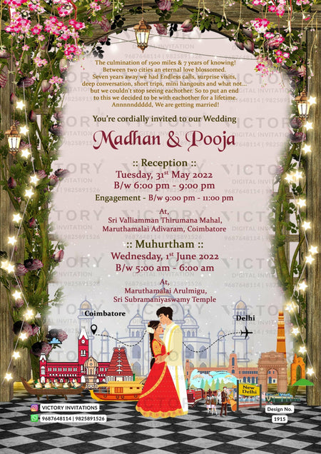 Wedding ceremony invitation card of hindu south indian tamil family in english language with two state theme design 1915