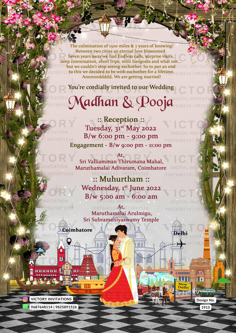 Wedding ceremony invitation card of hindu south indian tamil family in english language with two state theme design 1915