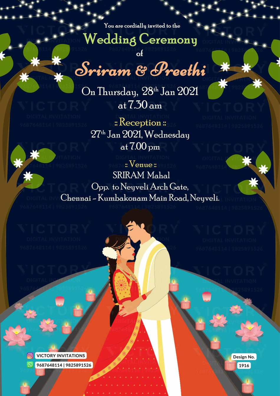 Wedding ceremony invitation card of hindu south indian tamil family in english language with romantic theme design 1916