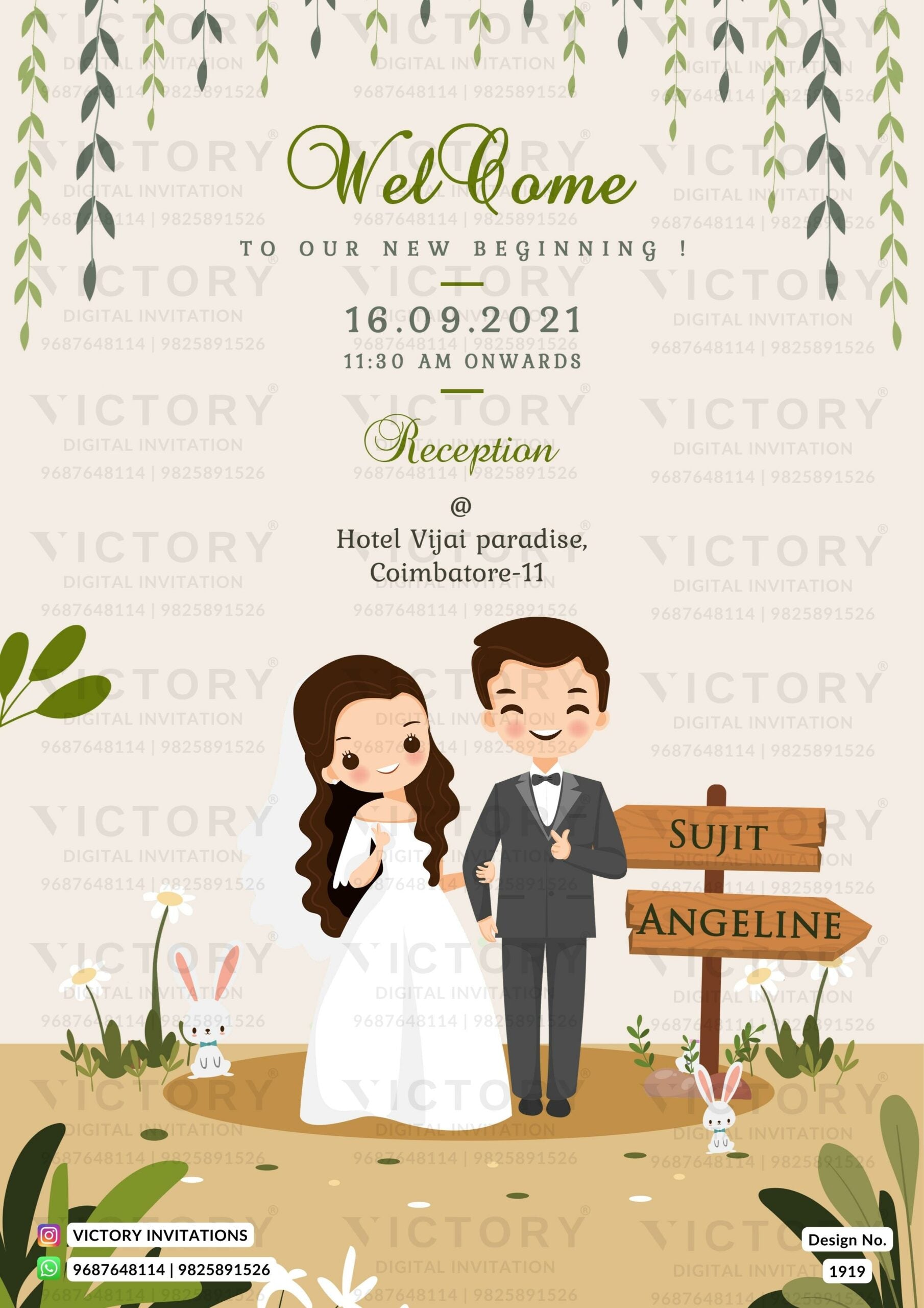 Reception Party invitation card in english language with couple doodle as minimalistic theme design 1919